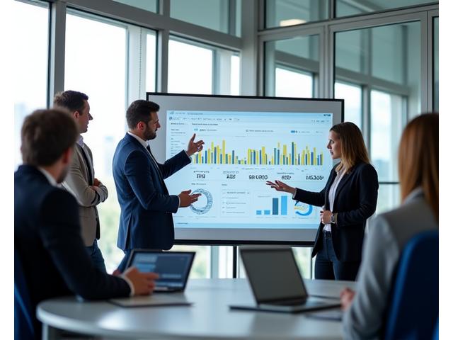 Business professionals collaborating around data charts