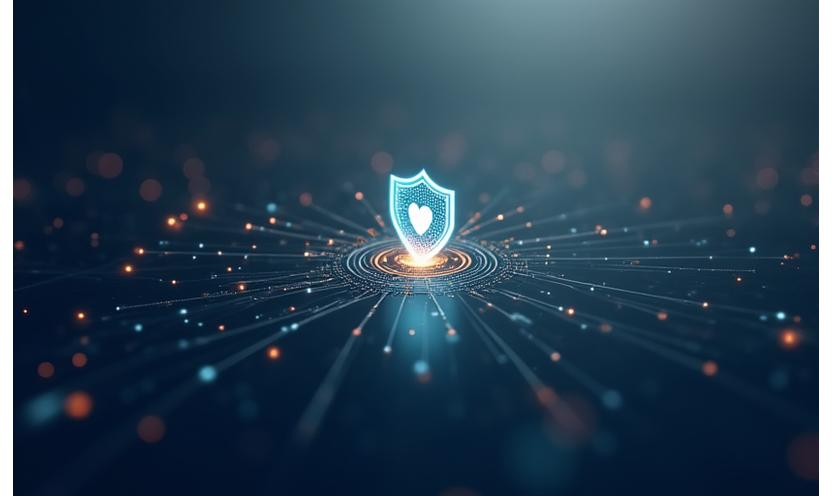 Abstract depiction of digital security, data protection, and a shield